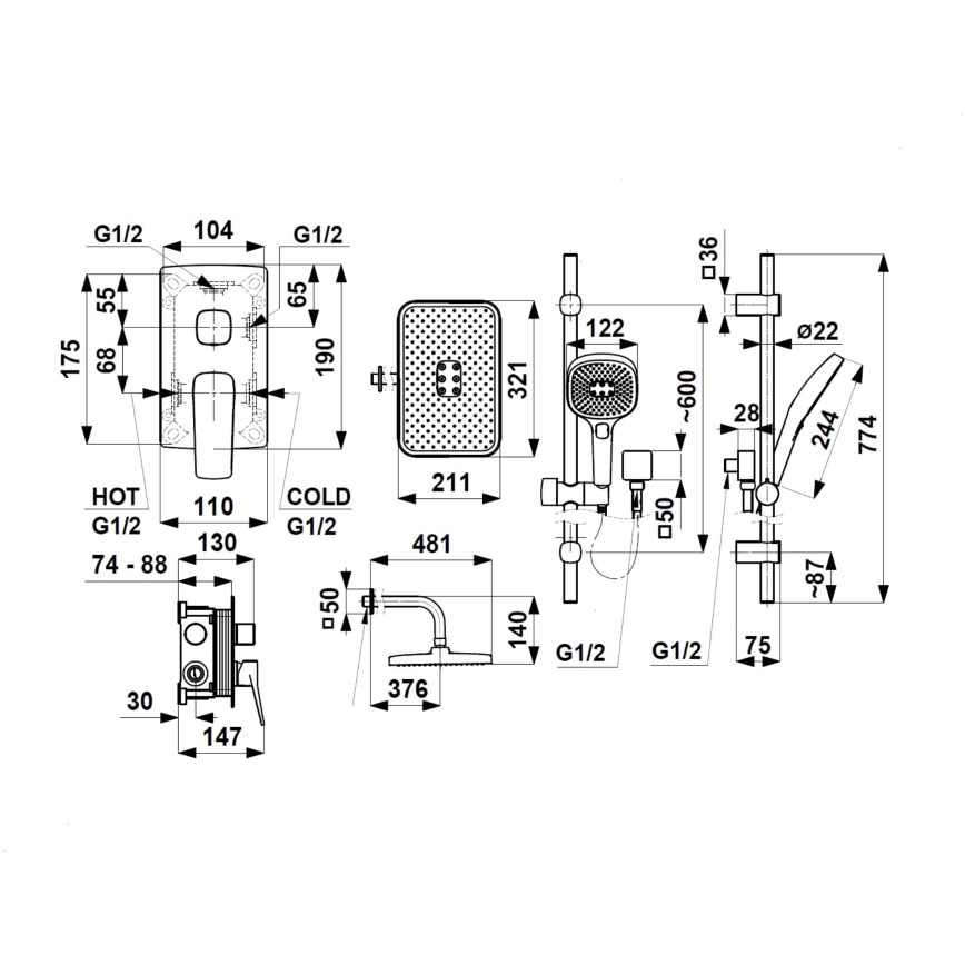 KFA Armatura 4529-301-61 - Duschset med infälld blandare MALAGA i metallicgrå