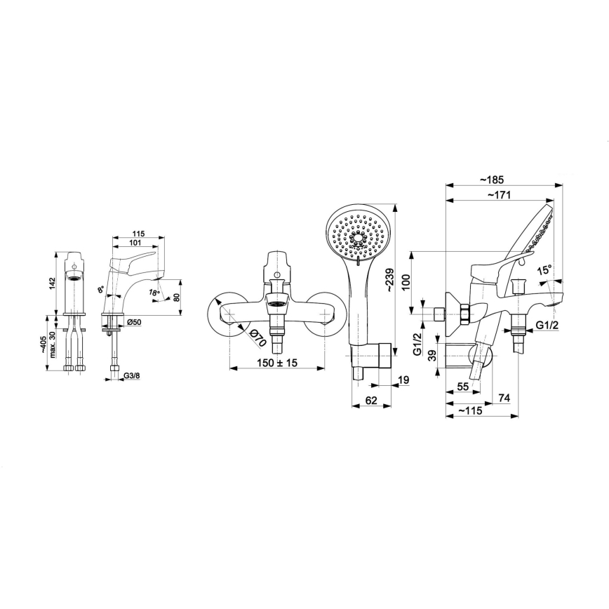 KFA Armatura 5241-003-00 - Badkarsset med kran + tvättställsblandare MORRIS skinande krom
