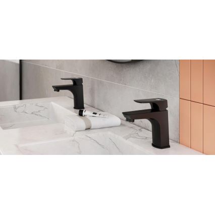 KFA Armatura 5532-815-81 - Kran till handfat + avlopp med bräddavlopp MOKAIT 13,9 cm mässing/matt svart