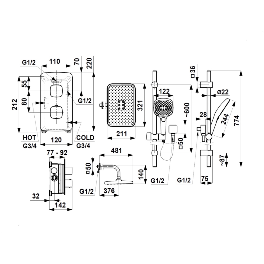 KFA Armatura 5759-301-31 - Duschset med termostatisk inbyggnadsblandare MALAGA i borstad guldfinish