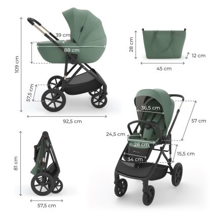 KINDERKRAFT - Kombinerad 3-i-1 barnvagn PRIME 3 Mörkgrön