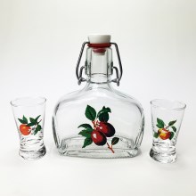 Kit 1x glas flaska och 2x snappsglas genomskinlig med frukttryck