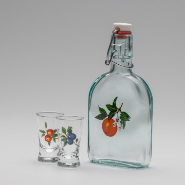Kit 1x glasflaska och 2x snappsglas genomskinlig med ett aprikosmotiv