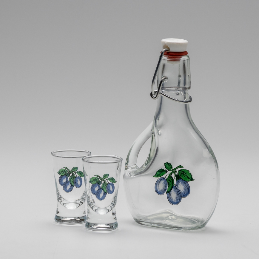 Kit 1x Stor flaska + 2x snappsglas genomskinlig med plommontryck