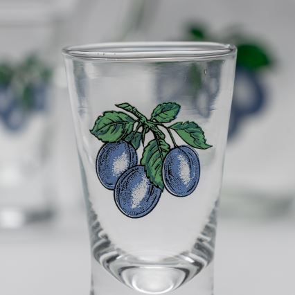 Kit 1x Stor flaska + 2x snappsglas genomskinlig med plommontryck