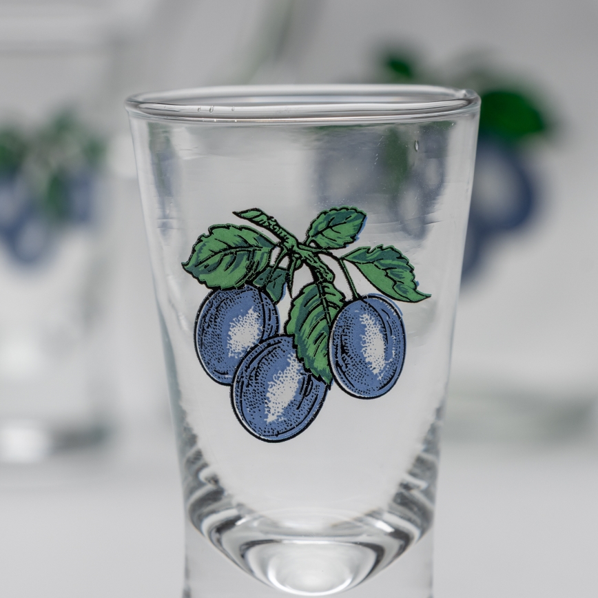 Kit 1x Stor flaska + 2x snappsglas genomskinlig med plommontryck