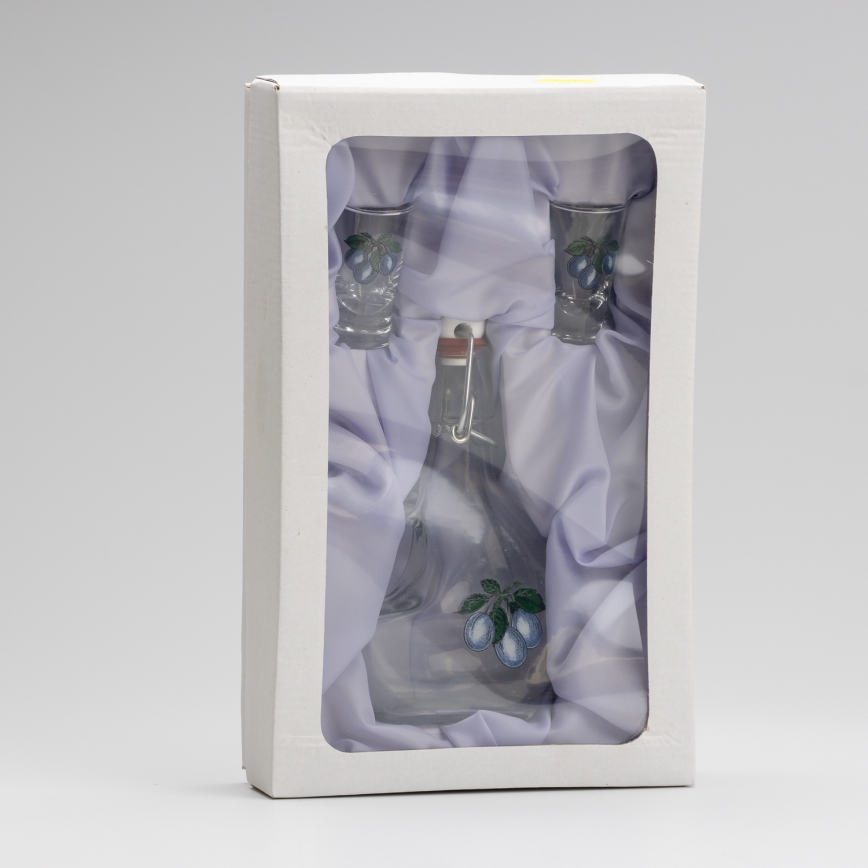 Kit 1x Stor flaska + 2x snappsglas genomskinlig med plommontryck