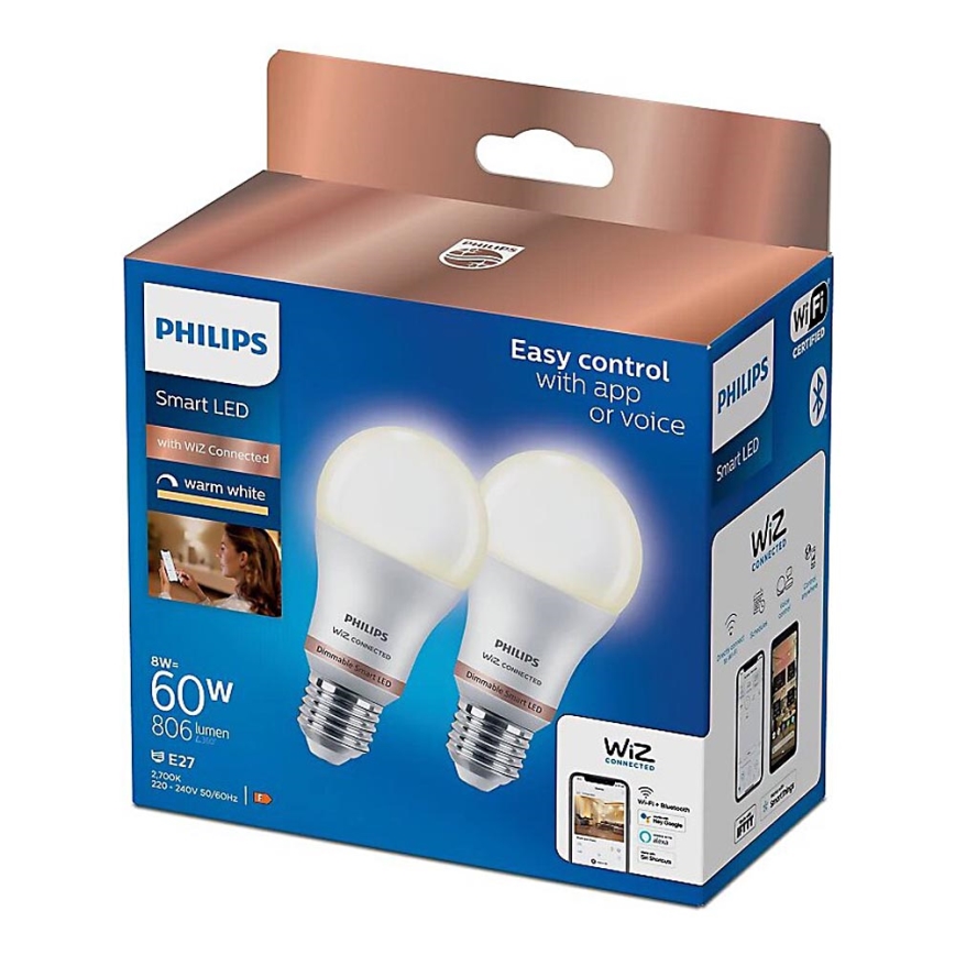 KIT 2x LED Ljusreglerad glödlampa Philips A60 E27/8W/230V Wi-Fi