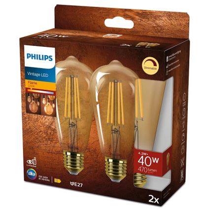 KIT 2x LED Ljusreglerad glödlampa VINTAGE Philips ST64 E27/4,2W/230V 2200K