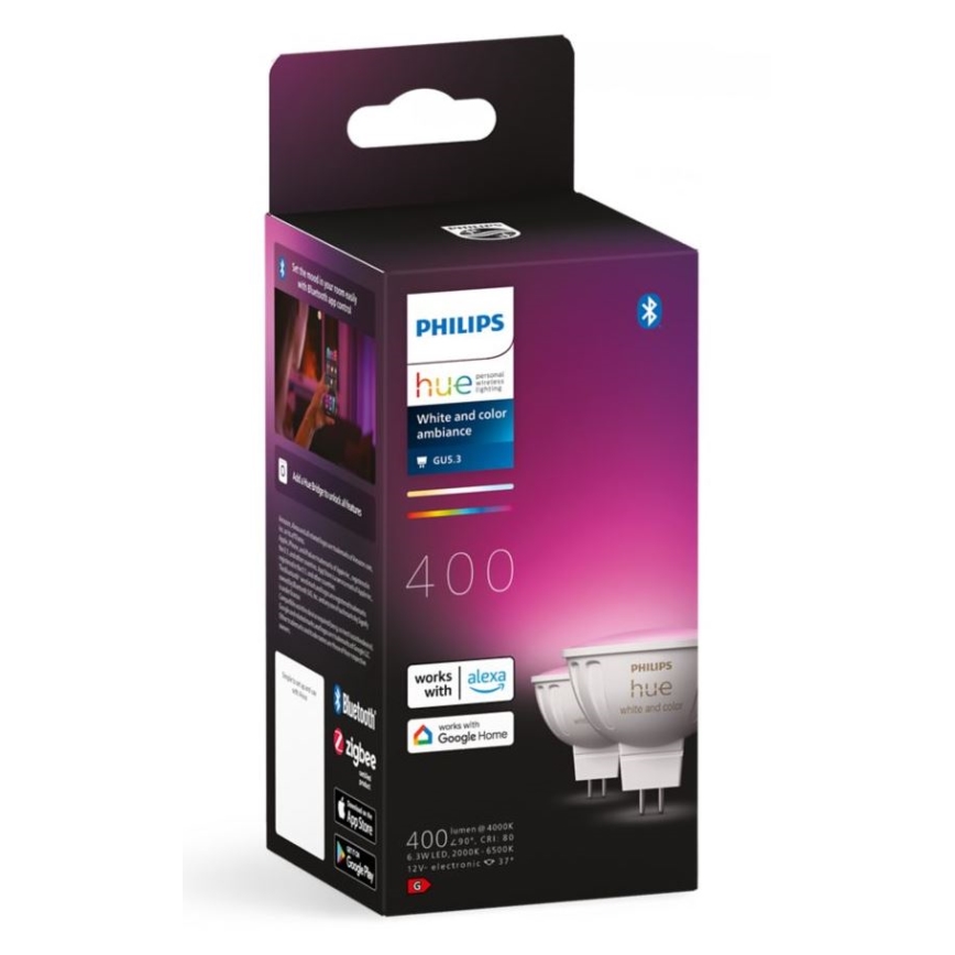 KIT 2x LED RGBW dimbar lampa Philips Hue White And Color Ambiance GU5,3/MR16/6,3W/12V 2000-6500K