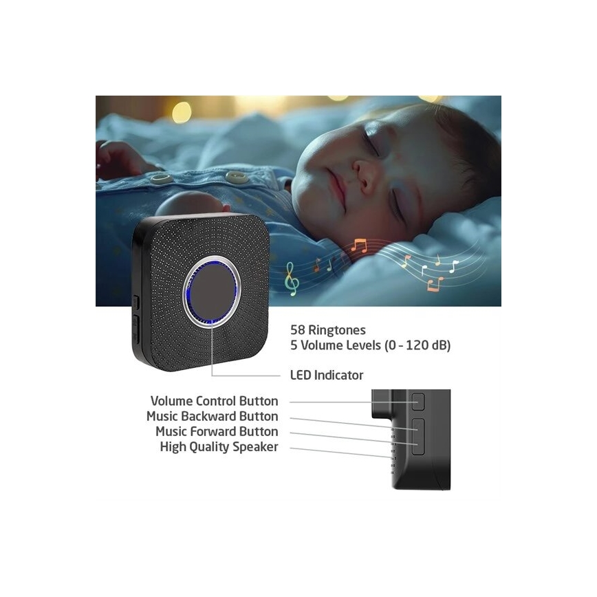 KIT 2x Plugin trådlös dörrklocka kinetisk 230V svart