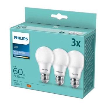 KIT 3x LED glödlampa Philips A60 E27/8W/230V 6500K