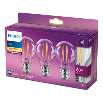 KIT 3x LED glödlampa VINTAGE Philips A60 E27/7W/230V 2700K