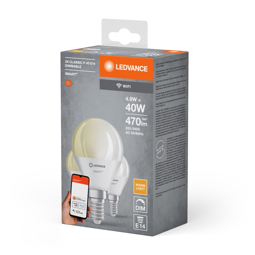 KIT 3x LED Ljusreglerad glödlampa SMART+ P40 E14/4,9W/230V 2700K Wi-Fi - Ledvance