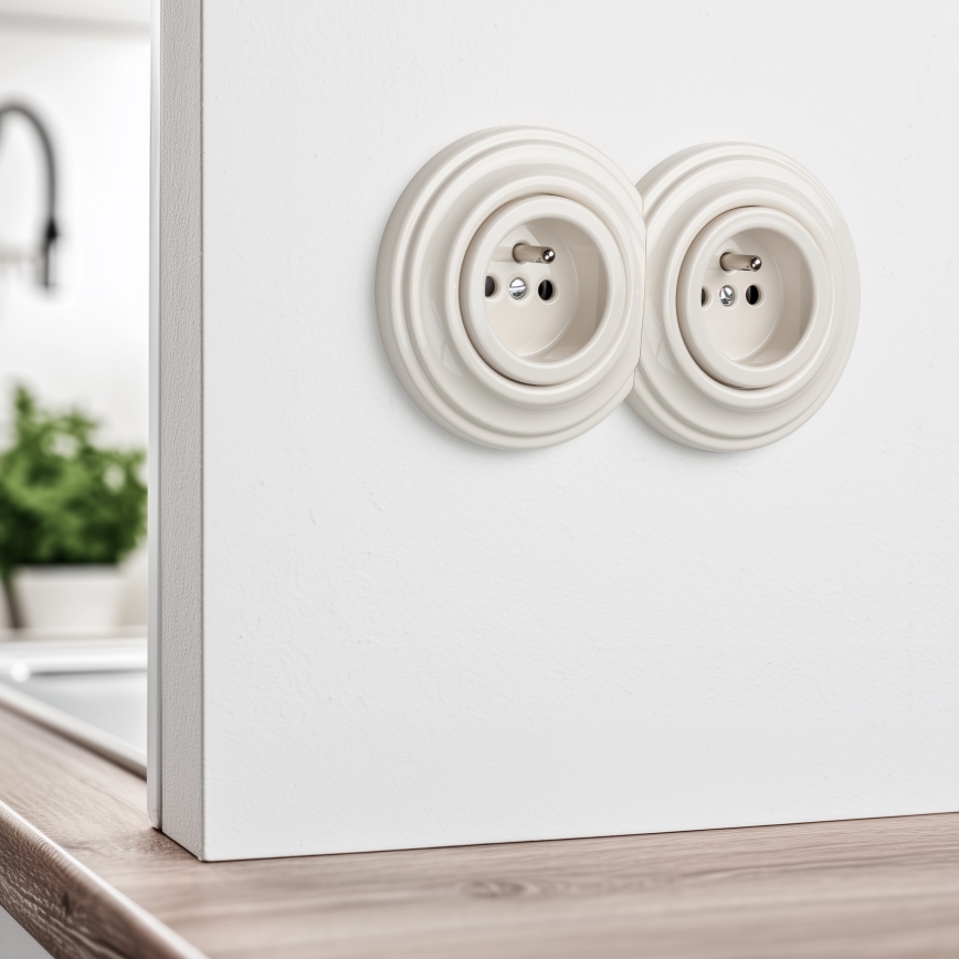 Kliklap - Dubbel retro vägguttag för hemmet med ram 230V beige
