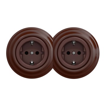 Kliklap - Dubbel retro vägguttag för hemmet med ram, SCHUKO 230 V, brun