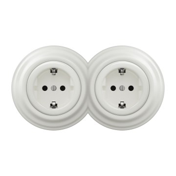 Kliklap - Dubbel retro-vägguttag för hemmet med ram, SCHUKO 230V/16A, vit keramik