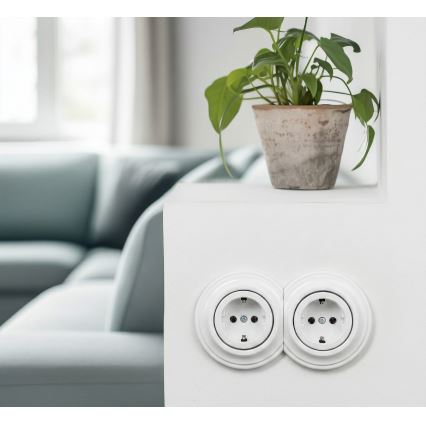 Kliklap - Dubbel retro vägguttag för hemmet med ram, SCHUKO 230V, snövit