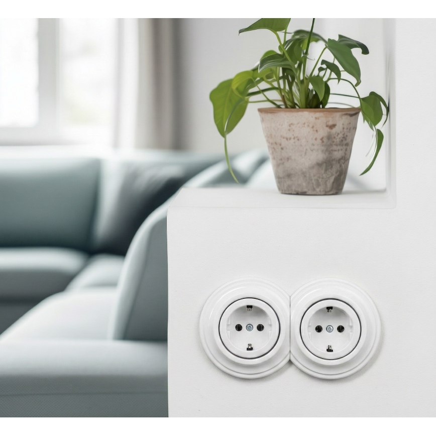 Kliklap - Dubbel retro vägguttag för hemmet med ram, SCHUKO 230V, snövit