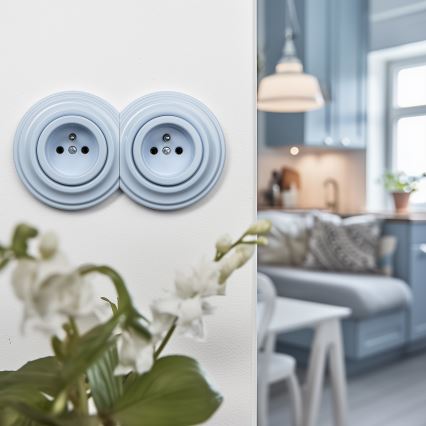 Kliklap - Dubbel retro vägguttag med ram, 230 V, blå