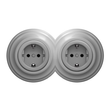 Kliklap - Dubbelt retro vägguttag för hemmet med ram, SCHUKO 230 V, grå