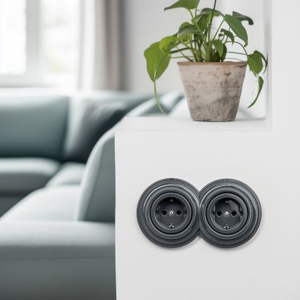 Kliklap – Dubbelt retro vägguttag med ram, SCHUKO 230 V, antracit