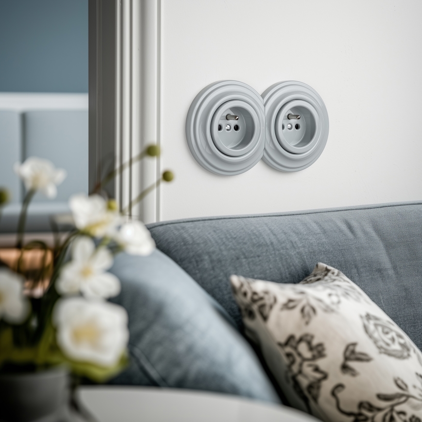 Kliklap - Dubbelt retrouttag för hushåll med ram, 230 V, grå