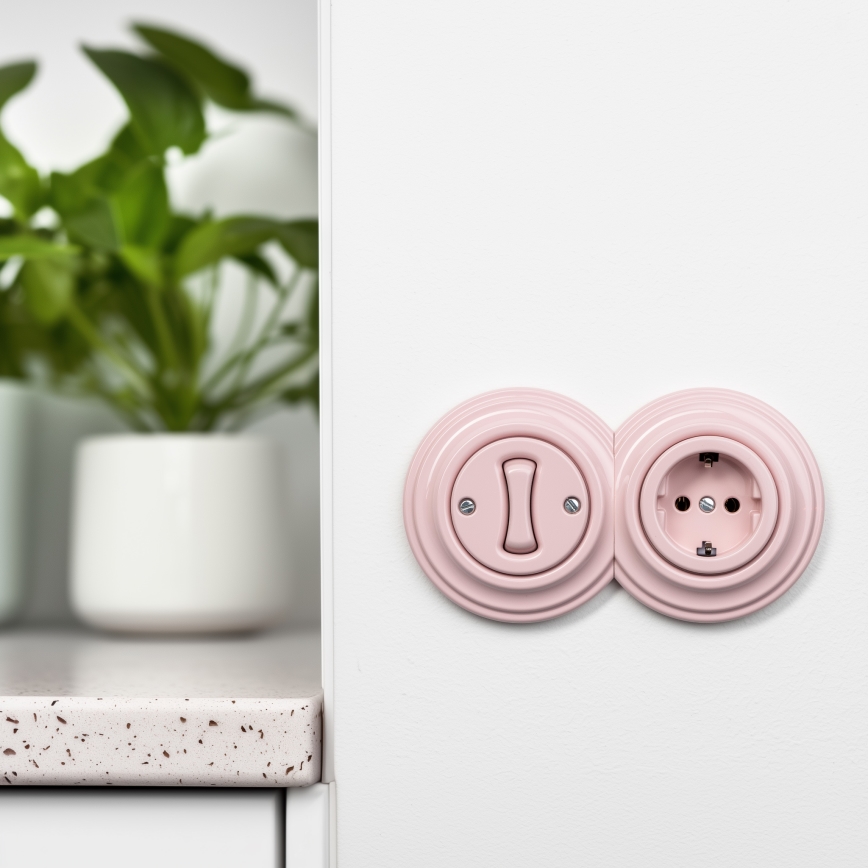 Kliklap - Retro enpolig strömbrytare nr. 1 och SCHUKO-uttag 230 V med ram i gammalrosa