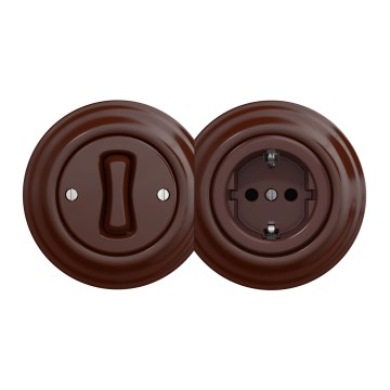 Kliklap - Retro enpolig strömbrytare nr. 1 och Schuko-uttag 230 V med brun ram