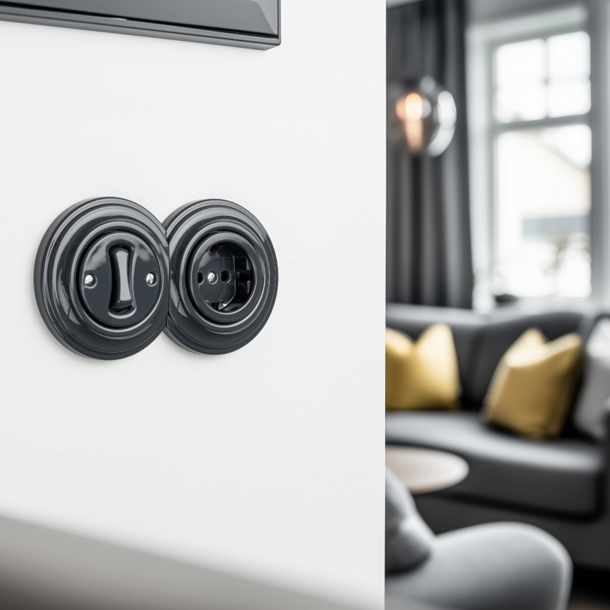 Kliklap - Retro enpolig strömbrytare nr. 1 och SCHUKO-uttag 230 V med ram i antracit