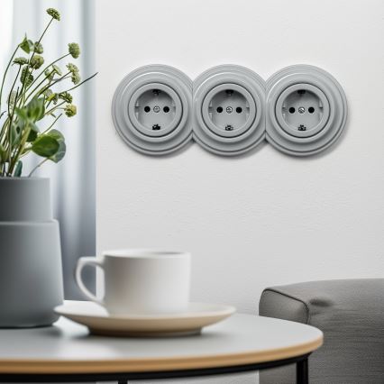 Kliklap - Retro ramlöst hushållsuttag SCHUKO 230V/16A, grå