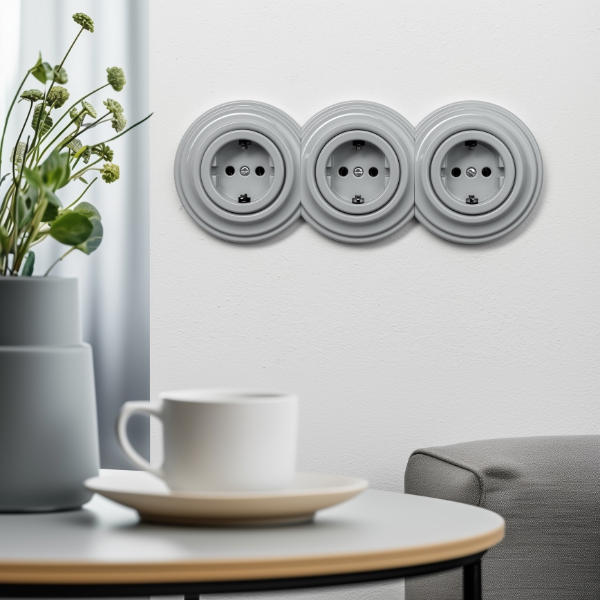 Kliklap - Retro ramlöst hushållsuttag SCHUKO 230V/16A, grå