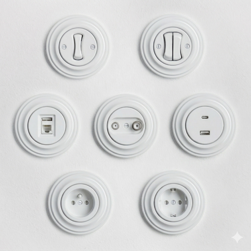 Kliklap - Retro TV+R-vägguttag (änduttag) med snövit ram