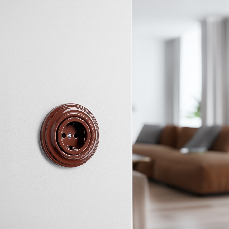 Kliklap - Retro vägguttag för hemmet med ram SCHUKO 230V/16A, brunt