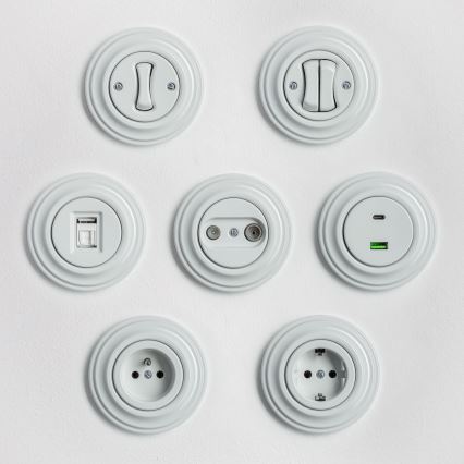 Kliklap - Retro vägguttag för hemmet med ram SCHUKO 230V/16A, vit keramik