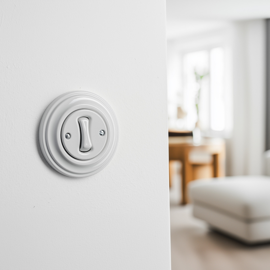 Kliklap – retroknapp med ram i vit keramik