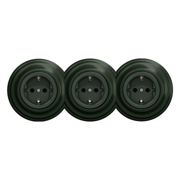 Kliklap - Tredubbel retro vägguttag för hemmet med ram SCHUKO 230 V, grön