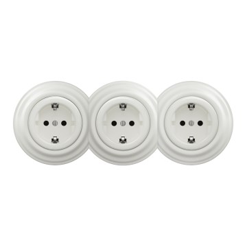 Kliklap - Trefaldigt retro vägguttag för hemmet med ram SCHUKO 230V i vit keramik