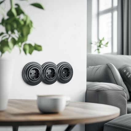 Kliklap - Trippel retrovägguttag för hemmet med ram SCHUKO 230 V antracit