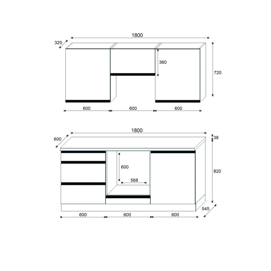 Köksinredning MARINA 180 cm ek craft/blank svart