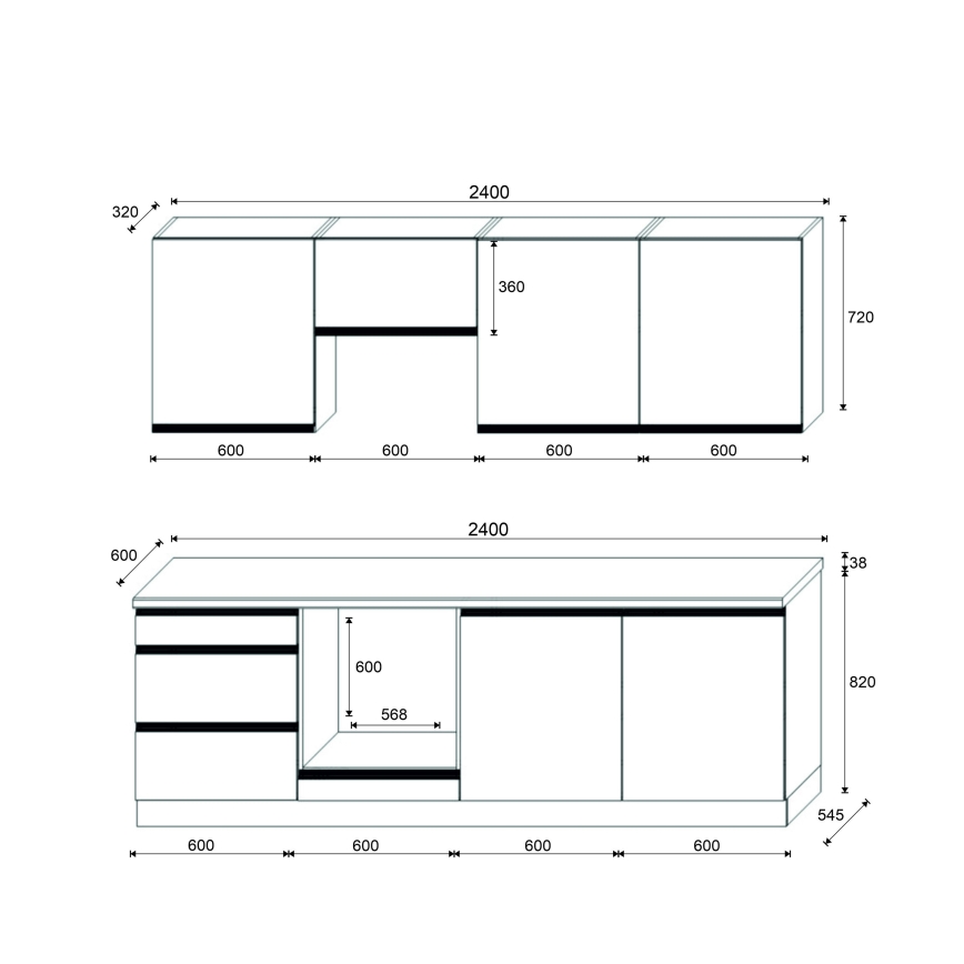 Köksinredning MARINA 240 cm, ek craft/högblank svart