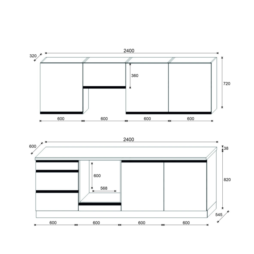 Köksinredning MARINA 240 cm ek craft/högblank vit