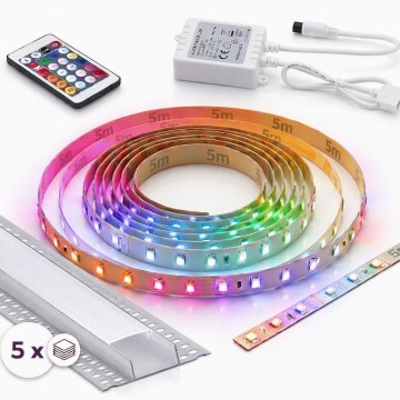 Komplett set 1x dimbar LED-remsa RGBW DIGITAL 16,5 W/230 V, 5 m + 5x infällda profiler 1 m, silver/vit + fjärrkontroll