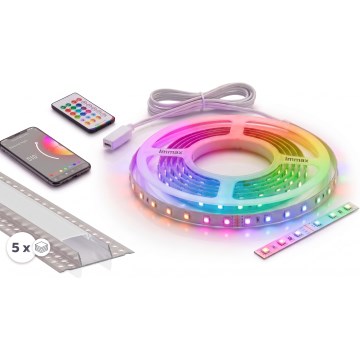 Komplett set: 1x dimbar LED RGBW-remsa NEO LITE MUSIC LED/24W/230V, 5 m, IP65, Wi‑Fi (Tuya) + 5x infällda profiler á 1 m, silver/vit + fjärrkontroll