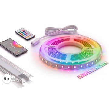 Komplett set: 1x dimbar RGBW LED-remsa NEO LITE MUSIC LED/24W/230V, 5 m, IP65, Wi-Fi Tuya + 5x infällda profiler 1 m, silver/vit + fjärrkontroll