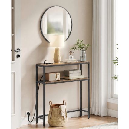 Konsolbord LUVOR 80x20 cm med inbyggda lådor och USB-portar, brun/svart