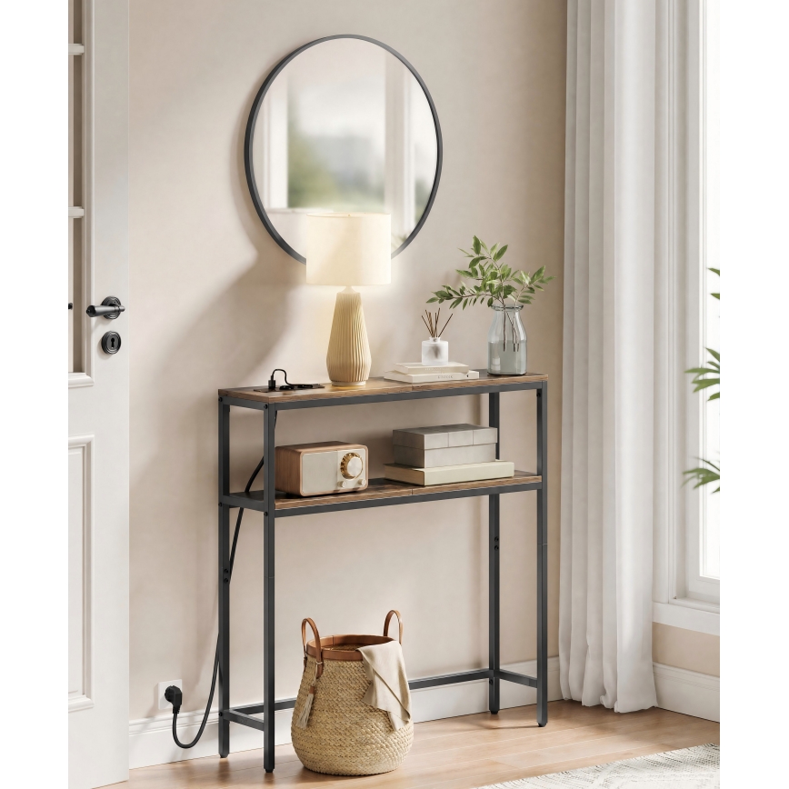 Konsolbord LUVOR 80x20 cm med inbyggda lådor och USB-portar, brun/svart