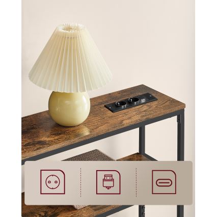Konsolbord LUVOR 80x20 cm med inbyggda lådor och USB-portar, brun/svart