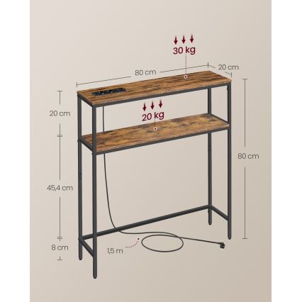 Konsolbord LUVOR 80x20 cm med inbyggda lådor och USB-portar, brun/svart