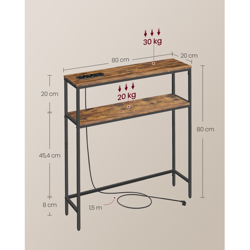 Konsolbord LUVOR 80x20 cm med inbyggda lådor och USB-portar, brun/svart